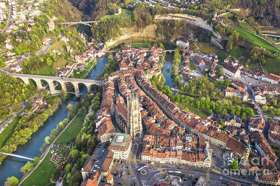 Architecture Photograph - Aerial view of Fribourg medieval old town with its gothic Cathed by Didier Marti