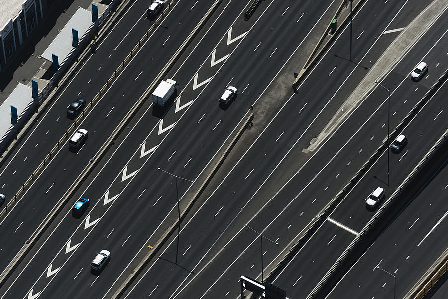 Aerial view of highway and traffic, Port Melbourne, Melbourne, Victoria, Australia Photograph by Tom Blachford
