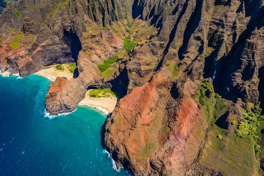 Aerial view of Honopu Valley, Na Pali Coast State Park, Kauai, Hawaii, North America. Photograph by Jason Waltman