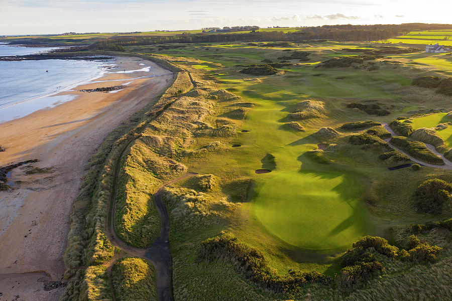 Aerial view of Kingsbarns links golf course outside St Andrews in Fife ...