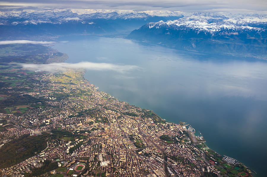aerial view of Lausanne and Lac Leman Photograph by Xenotar