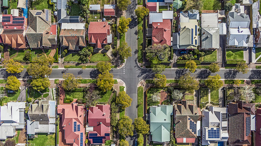 Aerial view of leafy eastern suburban houses on 4-way cross road intersection in Adelaide, South Australia Photograph by BeyondImages