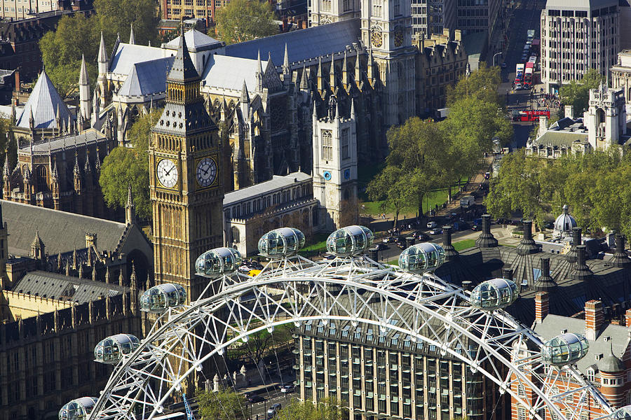 Aerial view of London showing Houses of Parliament and London Eye on the river Thames Photograph by Davis McCardle Aerial view of London showing Houses of Parliament and London Eye on the river Thames Photograph by Davis McCardle