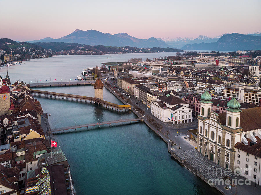Aerial view of Lucerne old town with the famous Chapel bridge an Photograph by Didier Marti