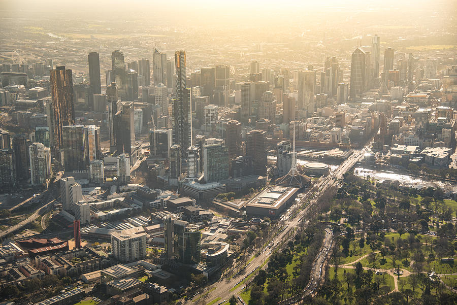 Aerial view of Melbourne city at dusk Photograph by Photo by Benjawan Sittidech