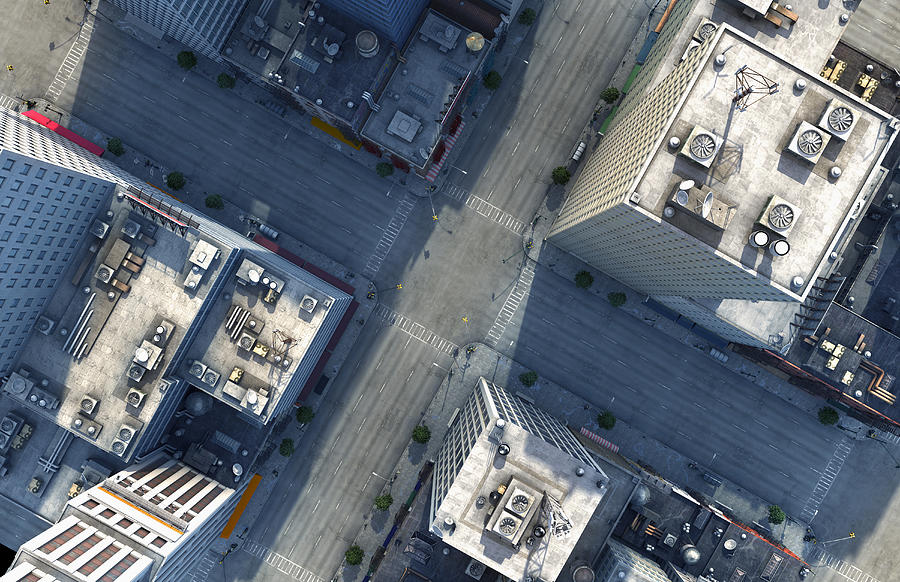 Aerial view of New York City intersection, New York, United States Photograph by Chris Clor