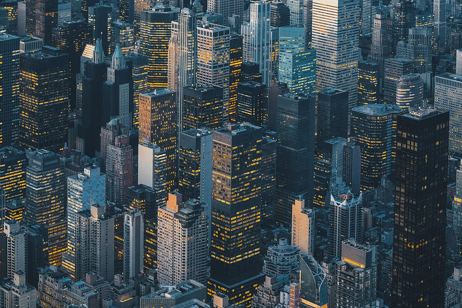 Aerial view of New York City skyline at sunset Photograph by © Marco Bottigelli