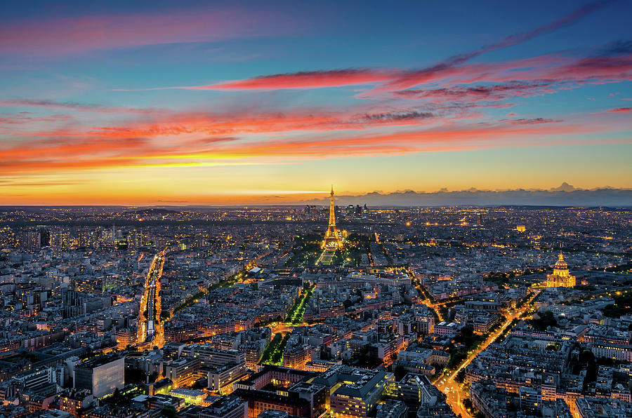 Aerial View of Paris and Eiffel Tower after Sunset Photograph by Alexios Ntounas