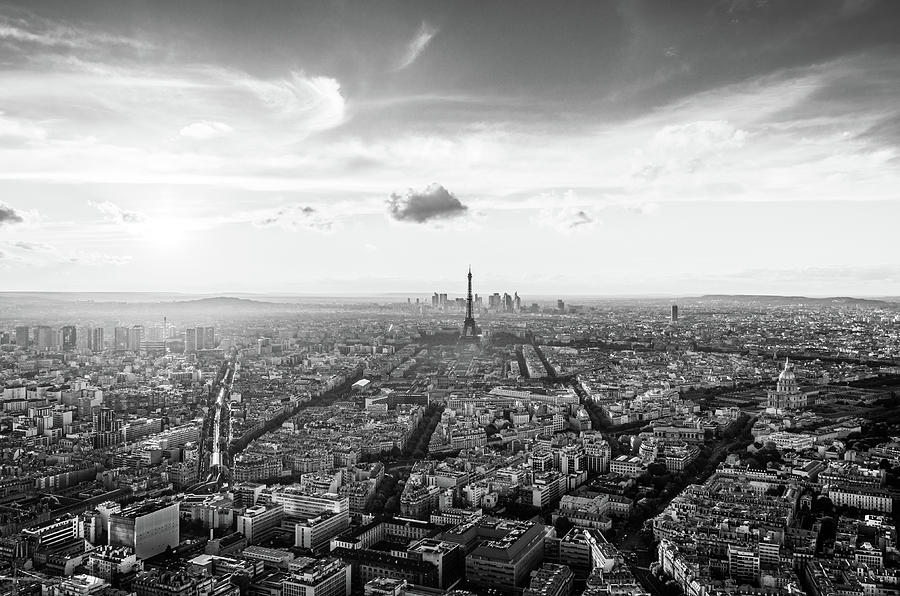Aerial View of Paris and Eiffel Tower in Black and White Photograph by Alexios Ntounas