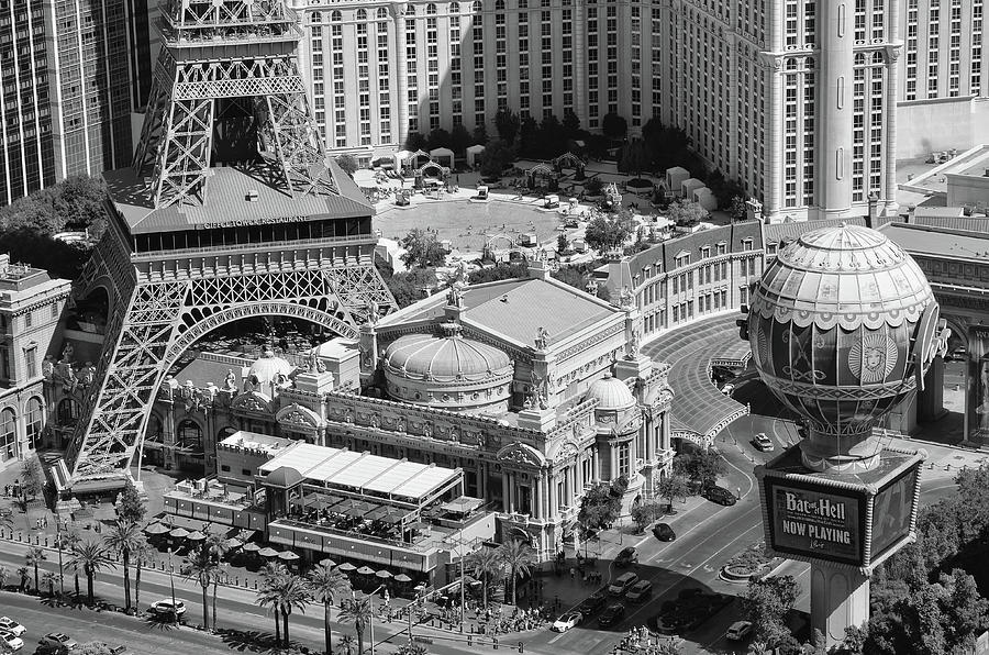 Aerial View of Paris Resort Complex Las Vegas Nevada Black and White Photograph by Shawn OBrien