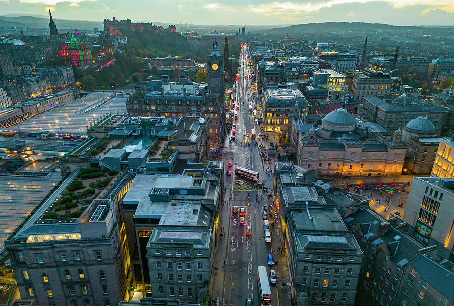 Aerial View Of Princes Street In Edinburgh City Centre At Dusk   Aerial View Of Princes Street In Edinburgh City Centre At Dusk Scotland Iain Masterton 