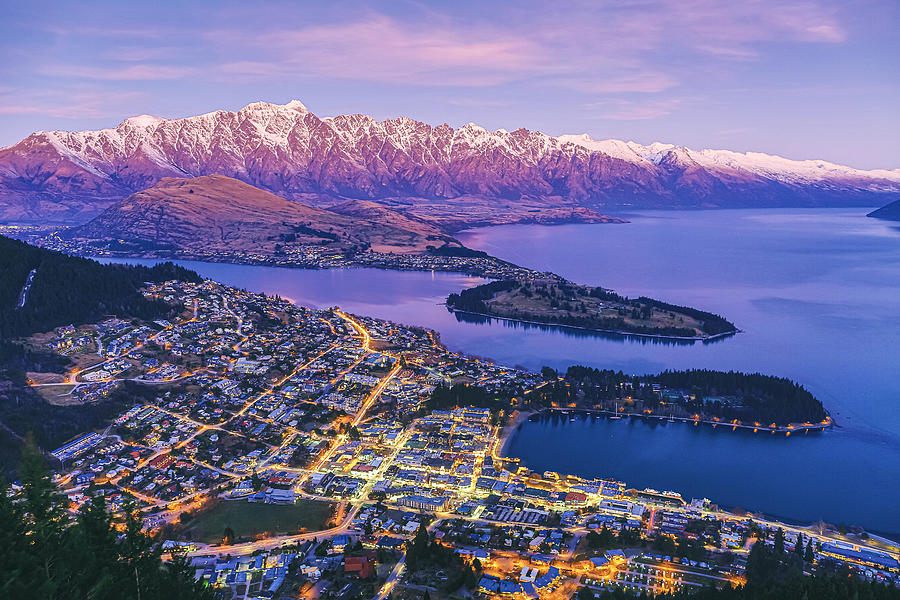 Aerial View of Queenstown at Dusk with Lake Wakatipu and The Remarkables, New Zealand Photograph by Lingxiao Xie
