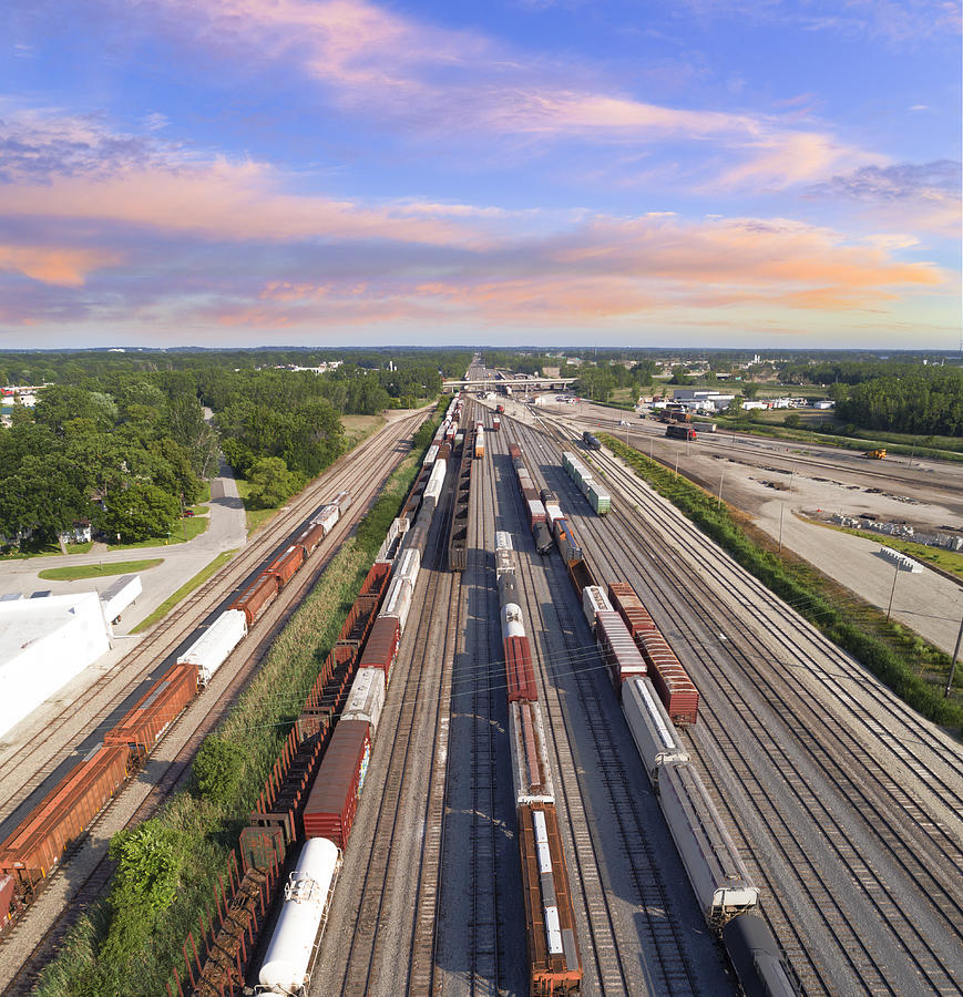 Aerial View Of Railroad Rail Yard, Many Trains, Tracks. Photograph by JamesBrey