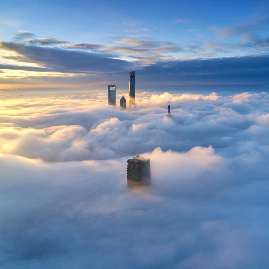 Aerial View of Shanghai Skyline on Thick Cloud, China Photograph by Zorazhuang