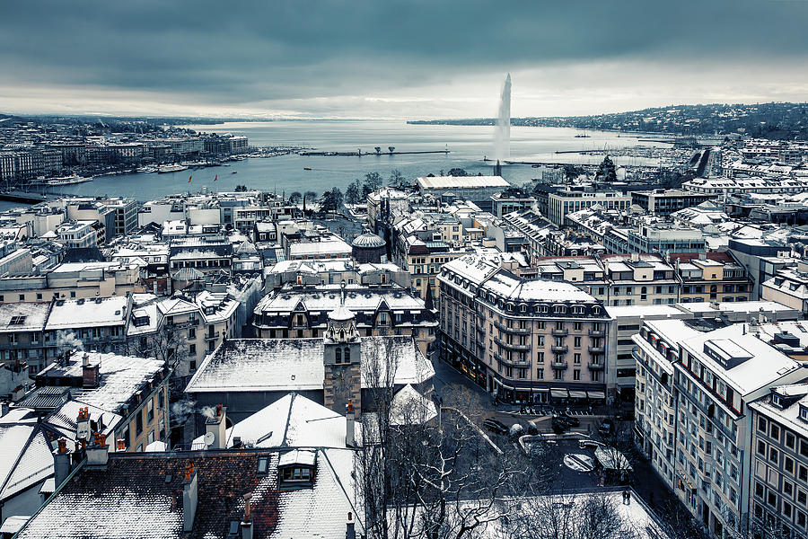 Aerial View of Snow-Covered Geneva Harbor, Switzerland Photograph by Benoit Bruchez