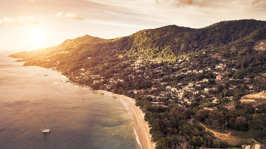 Aerial view of sunset in Baie Beau Vallon - Mahe - Seychelles Photograph by PJPhoto69