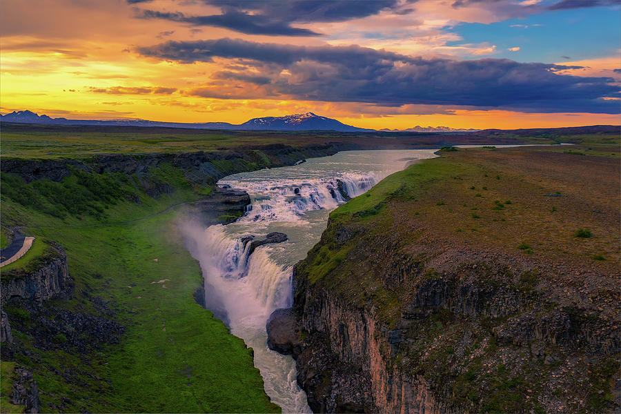 Aerial view of sunset over Gullfoss waterfall and the Olfusa river in ...