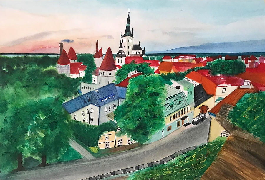 Watercolor Painting - Aerial View of Tallinn Old Town by Vincent Yu