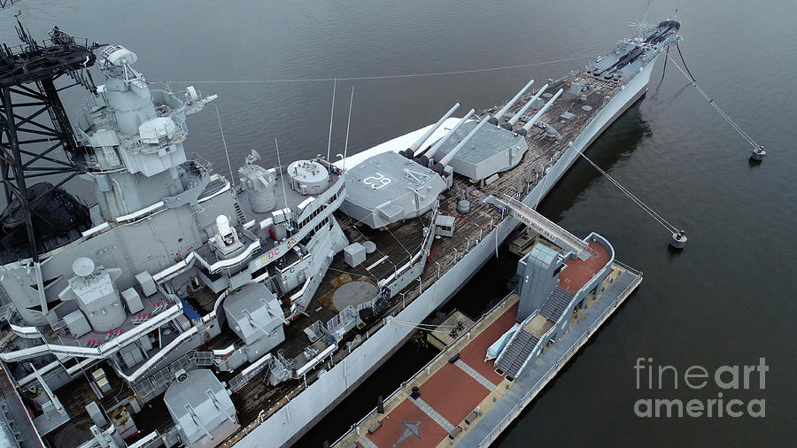 Aerial view of the Battleship USS New Jersey docked in Camden, NJ ...