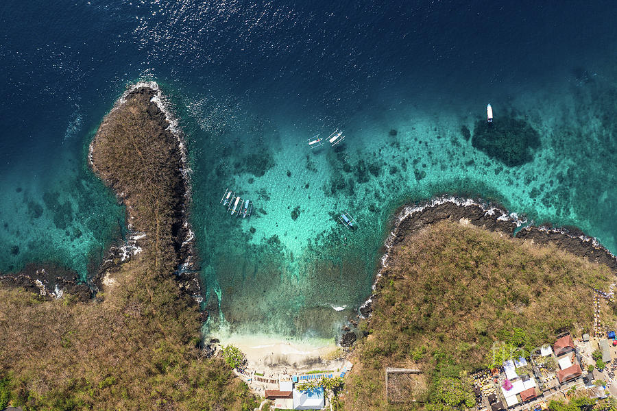 Aerial view of the blue lagoon beach in Padang Bai in Bali, Indo ...