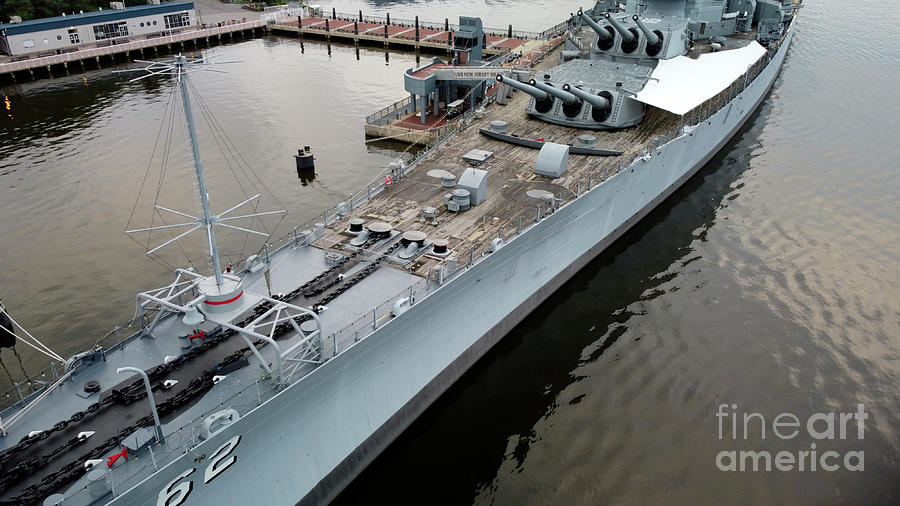 Aerial View of the bow and port side of the Battleship USS New Jersey