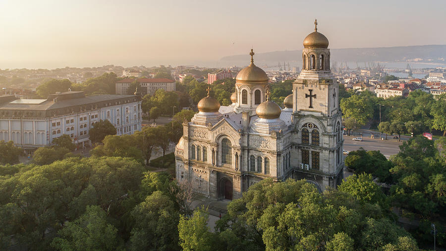 Aerial View Of The Cathedral Of The Assumption On Sunrise, Varna Bulgaria. Byzantine Style Church With Golden Domes. Varna Is The Sea Capital Of Bulgaria. Photograph