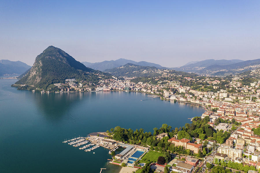 Aerial view of the city of Lugano with mount San Salvatore by la ...