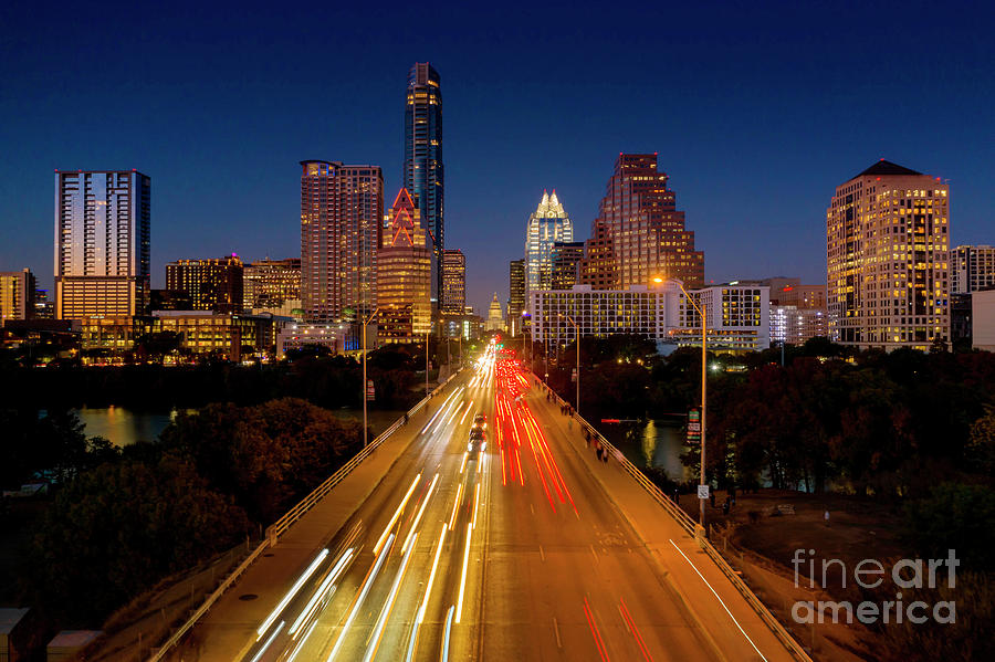 Austin Skyline Photograph - Aerial view of the Congress Avenue Bridge leading to the Texas State Capitol by Dan Herron