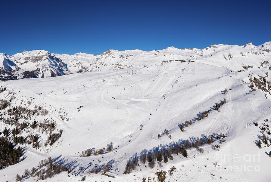 Aerial view of the Crans-Montana ski resort in Canton Valais, Sw ...