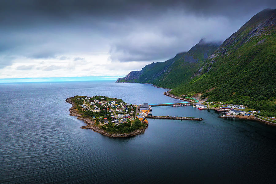 Aerial view of the Husoy fishing village on the Senja Island, Norway ...