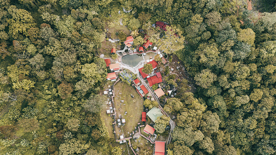 Aerial view of the Kuak Hill Resort in Lenggong during sunrise ...