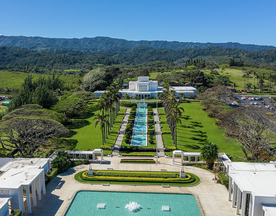 Aerial view of the Laie Hawaii Temple of the church of the latte Photograph by Steven Heap
