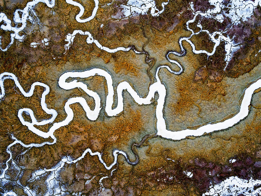 Aerial view of the landscape, meandering water channels and the salt pans with white salt and mineral deposits at Alvisio. Photograph by Mint Images