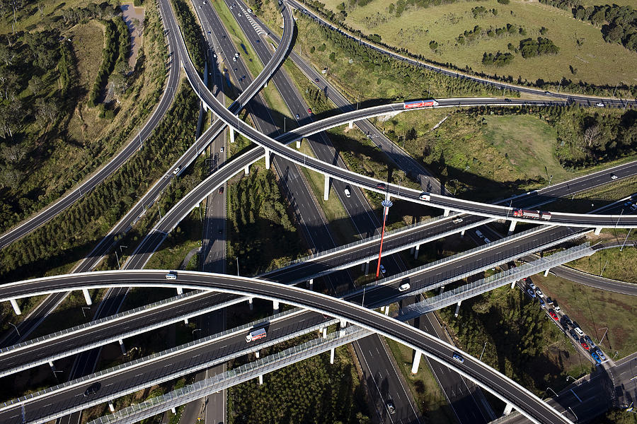 Aerial view of the Lighthorse Interchange, junction of the M7 and M4 motorways, Eastern Creek, Sydney, NSW, Australia. Photograph by Peter Harrison