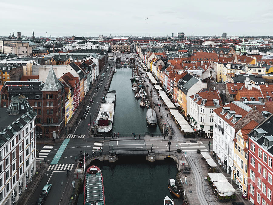 Aerial view of the Nyhavn harbor in Copenhagen historic city cen ...