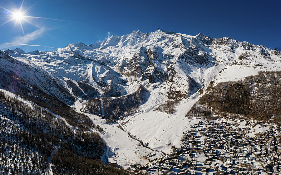 Aerial view of the Saas Fee village and ski resort by the Dom mo Photograph by Didier Marti