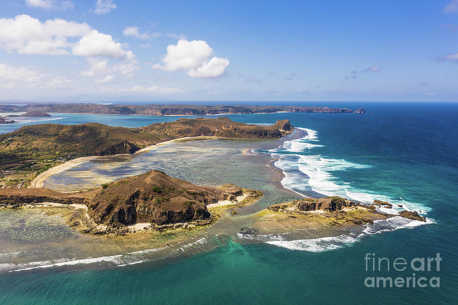 Aerial view of the south Lombok coast with the Pantai Seger beac Photograph by Didier Marti