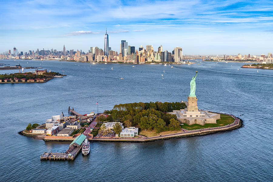 aerial view of the statue Liberty island in front of Manhattan skyline. New York. USA Photograph by Eloi_Omella