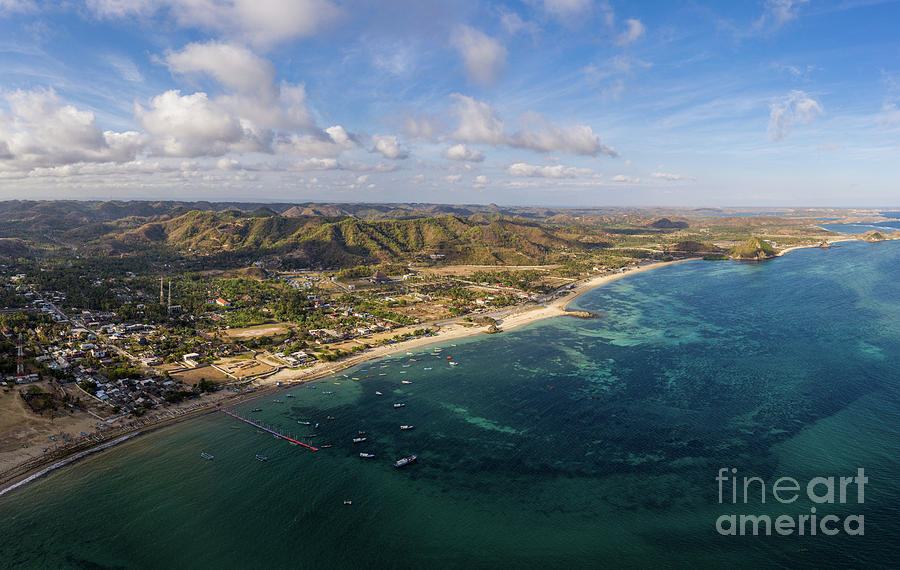 Aerial view of the stunning Kuta beach in south Lombok in Indone Photograph by Didier Marti
