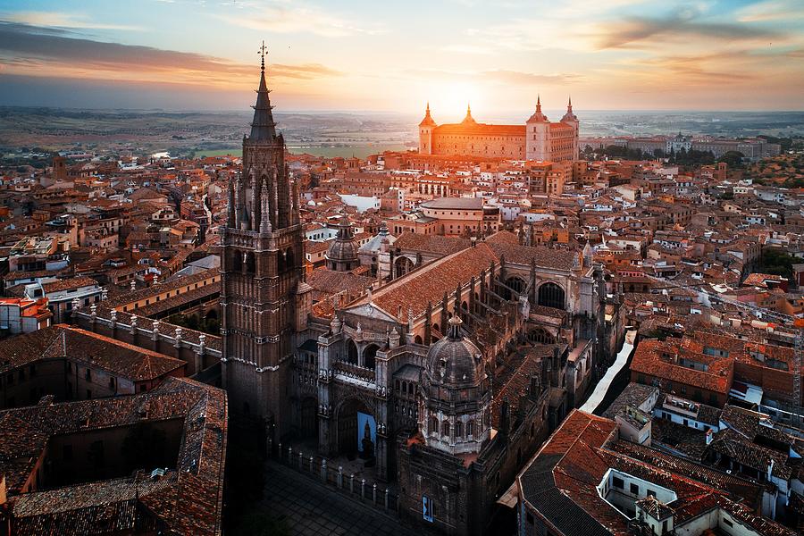 Aerial view of Toledo Cathedral sunset Photograph by Songquan Deng