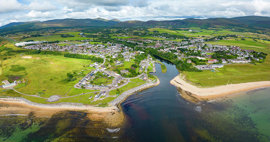 Aerial view of village of Brora on North coast 500 in Sutherland ...