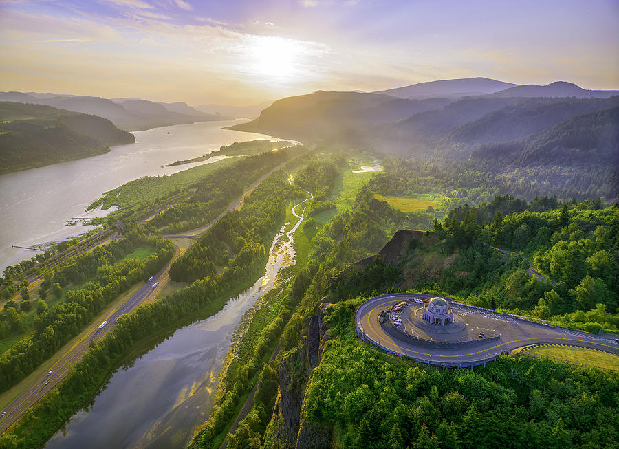 Breathtaking Aerial View of Vista House in Columbia River Gorge at Sunrise with Stunning Colors  Photograph by Chris Anson