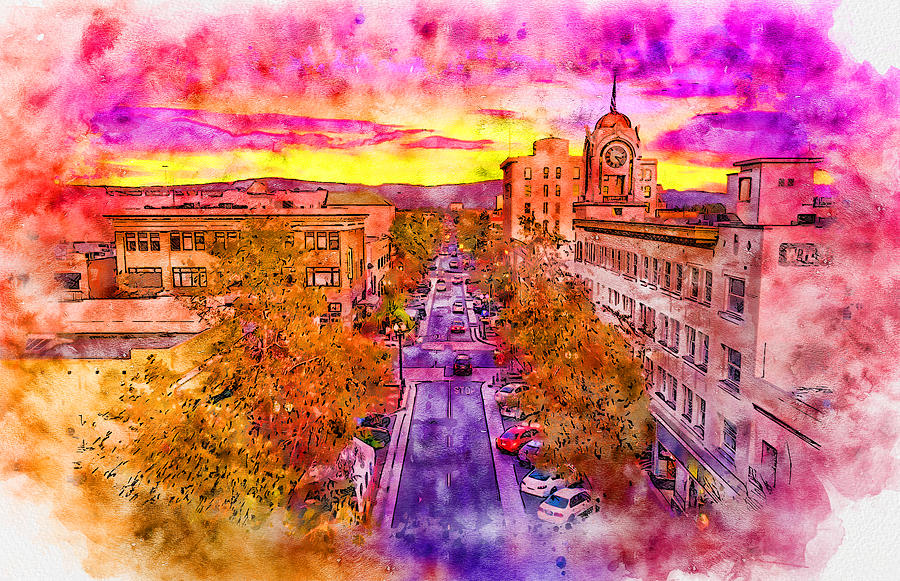 Aerial view of W 4th Street in downtown Santa Ana - pen and watercolor Digital Art by Nicko Prints