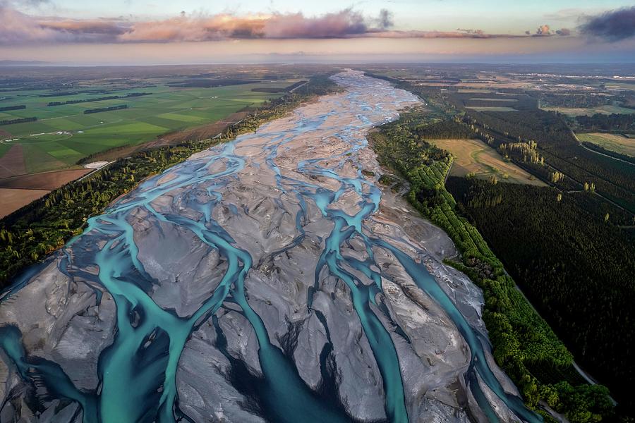 Aerial view of Waimakariri river at sunset. Photograph by James Fulton ...