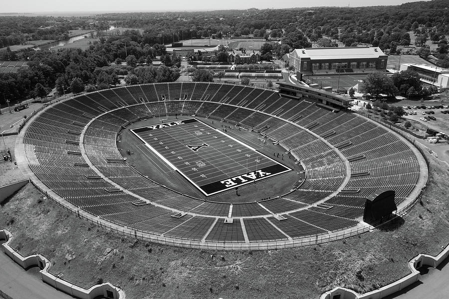 Aerial view of Yale Bowl football stadium at Yale University in black and white Photograph by Eldon McGraw