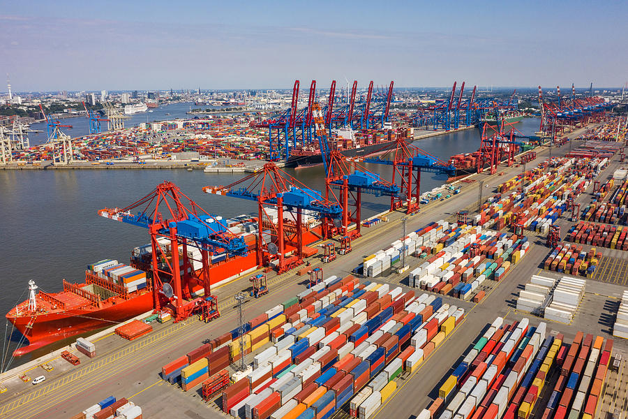 Aerial view on a container port, Germany Photograph by Taikrixel