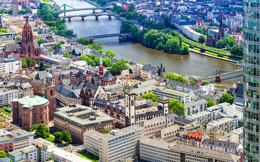 Aerial view on Frankfurt Roemer, Paulskirche and Main Photograph by Juergen Sack