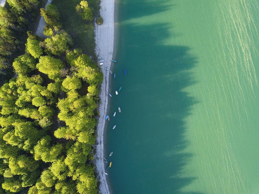 Aerial view on turquoise Lake Sylvenstein and forest on the bay. Germany, Bavaria, Lake Sylvenstein Photograph by Malorny
