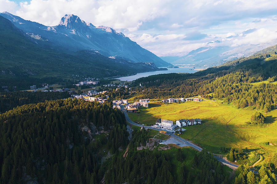 Aerial view over Bregaglia in the Maloja District and Lake Sils in ...