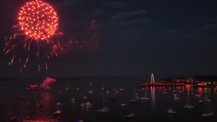 Aerial view over Marblehead Harbor and the Fireworks Photograph by Jeff